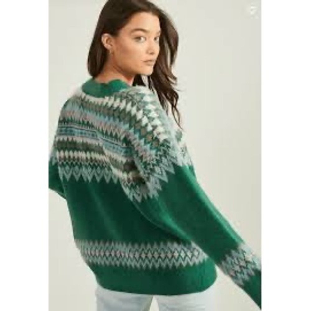 Altard State Green Pink Fuzzy Fair Isle Nordic Knit Sweater Pullover Womens XS